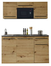 Moderne Single-Küche 160 mit Holzoptik, bestehend aus Oberschränken mit integriertem Mikrowellenfach und Unterschränken mit Spüle und Arbeitsfläche, frontal abgebildet.