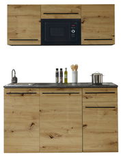 Moderne Single-Küche 160 mit Holzoptik, bestehend aus Oberschränken mit integriertem Mikrowellenfach und Unterschränken mit Spüle und Arbeitsfläche, frontal abgebildet.