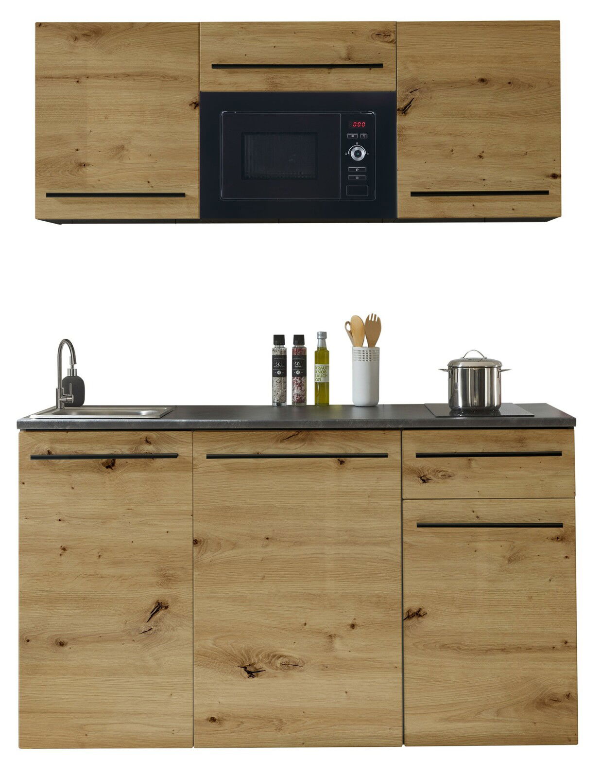 Moderne Single-Küche 160 mit Holzoptik, bestehend aus Oberschränken mit integriertem Mikrowellenfach und Unterschränken mit Spüle und Arbeitsfläche, frontal abgebildet.