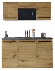Moderne Single-Küche 160 mit Holzoptik, bestehend aus Oberschränken mit integriertem Mikrowellenfach und Unterschränken mit Spüle und Arbeitsfläche, frontal abgebildet.