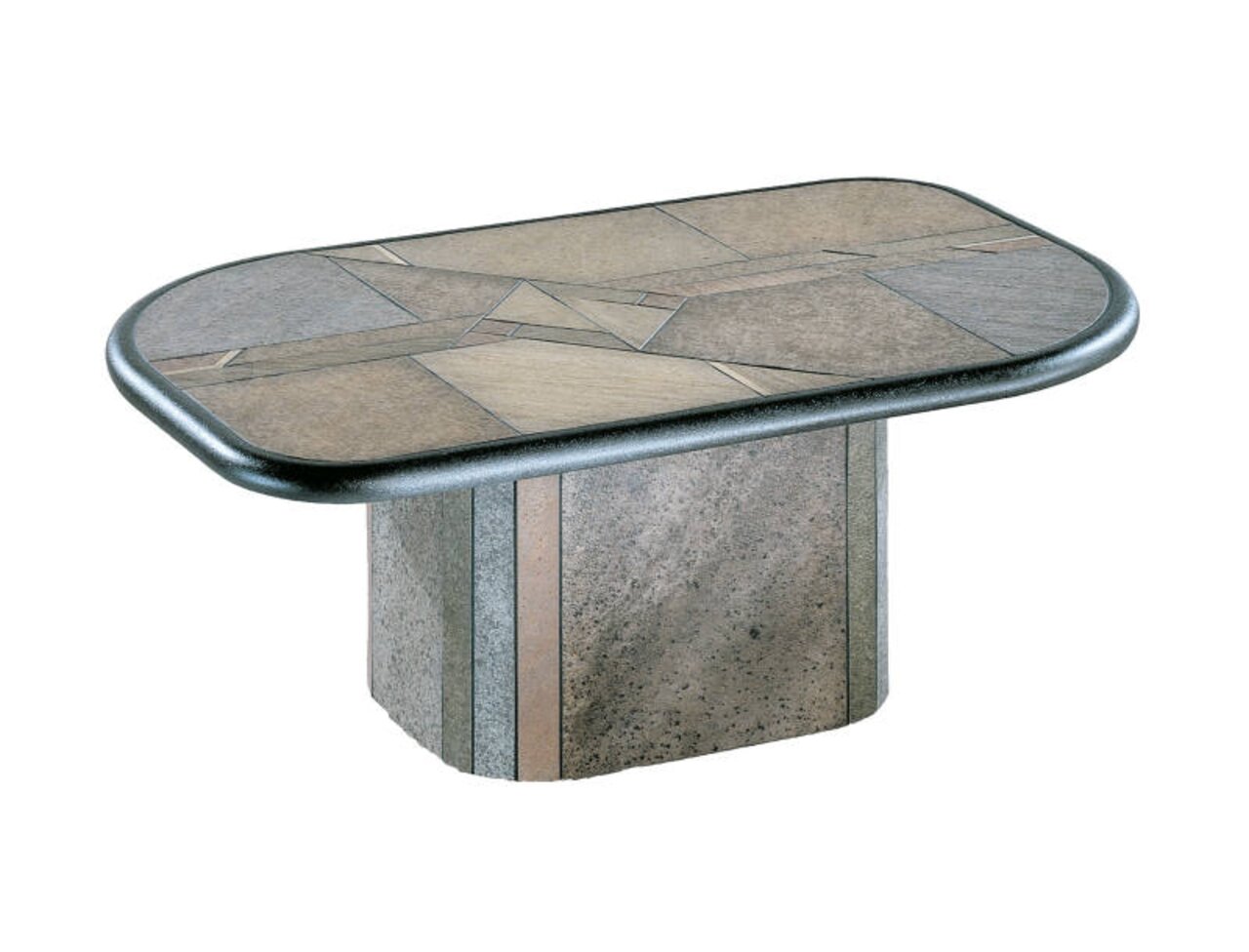 Rechteckiger Couchtisch mit Mosaik-Oberfläche und stabiler Basis, seitliche Perspektive