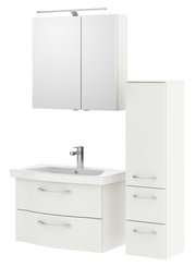 Moderner weißer Badblock mit Spiegelschrank, Waschbecken und Stauraum, Frontalansicht