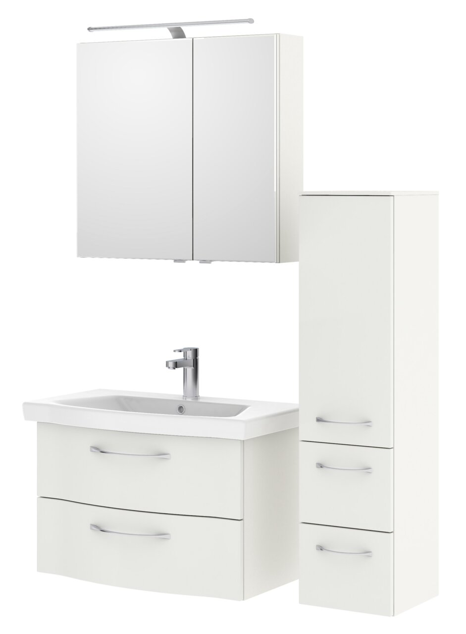 Moderner weißer Badblock mit Spiegelschrank, Waschbecken und Stauraum, Frontalansicht