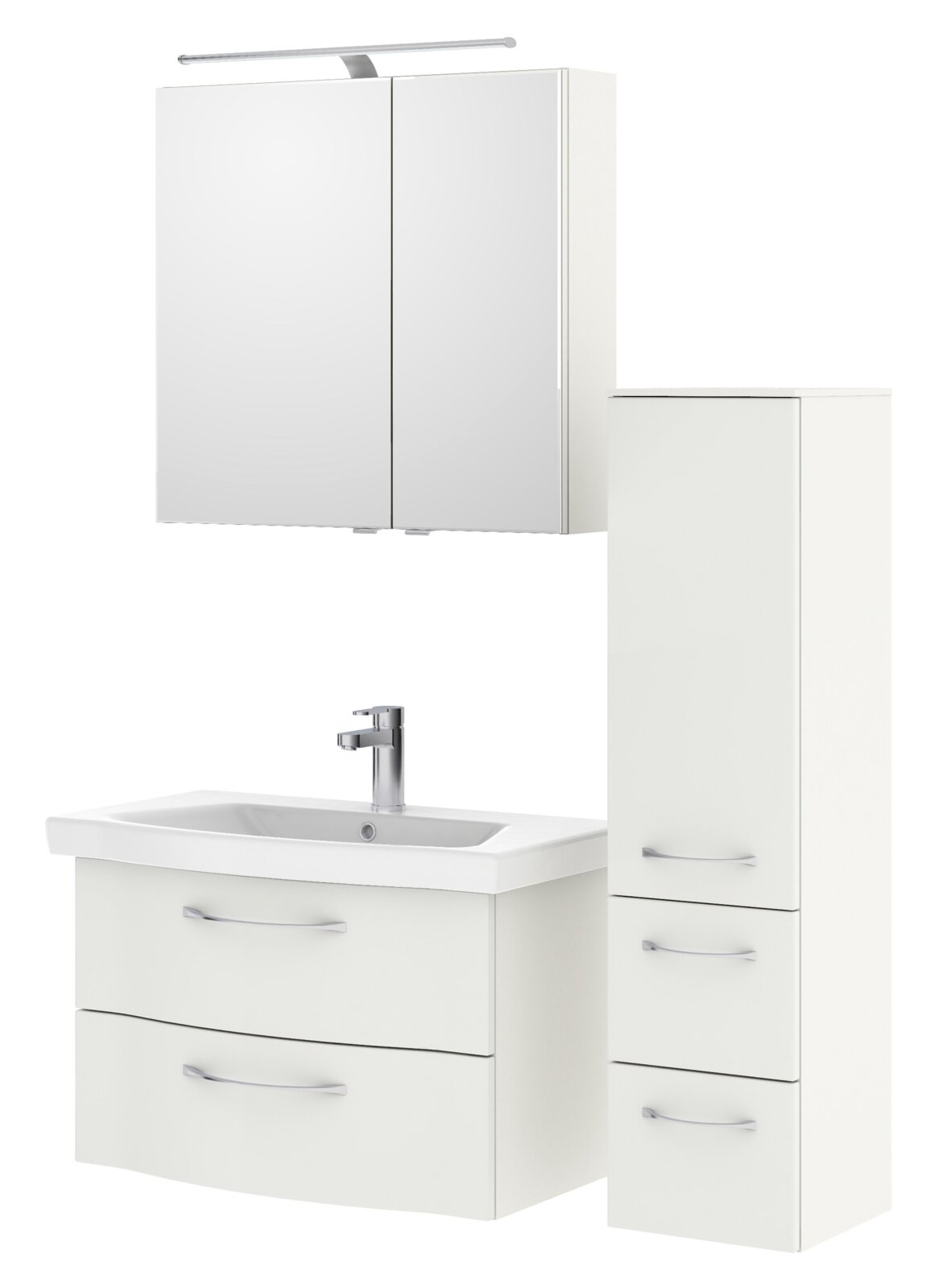 Moderner weißer Badblock mit Spiegelschrank, Waschbecken und Stauraum, Frontalansicht