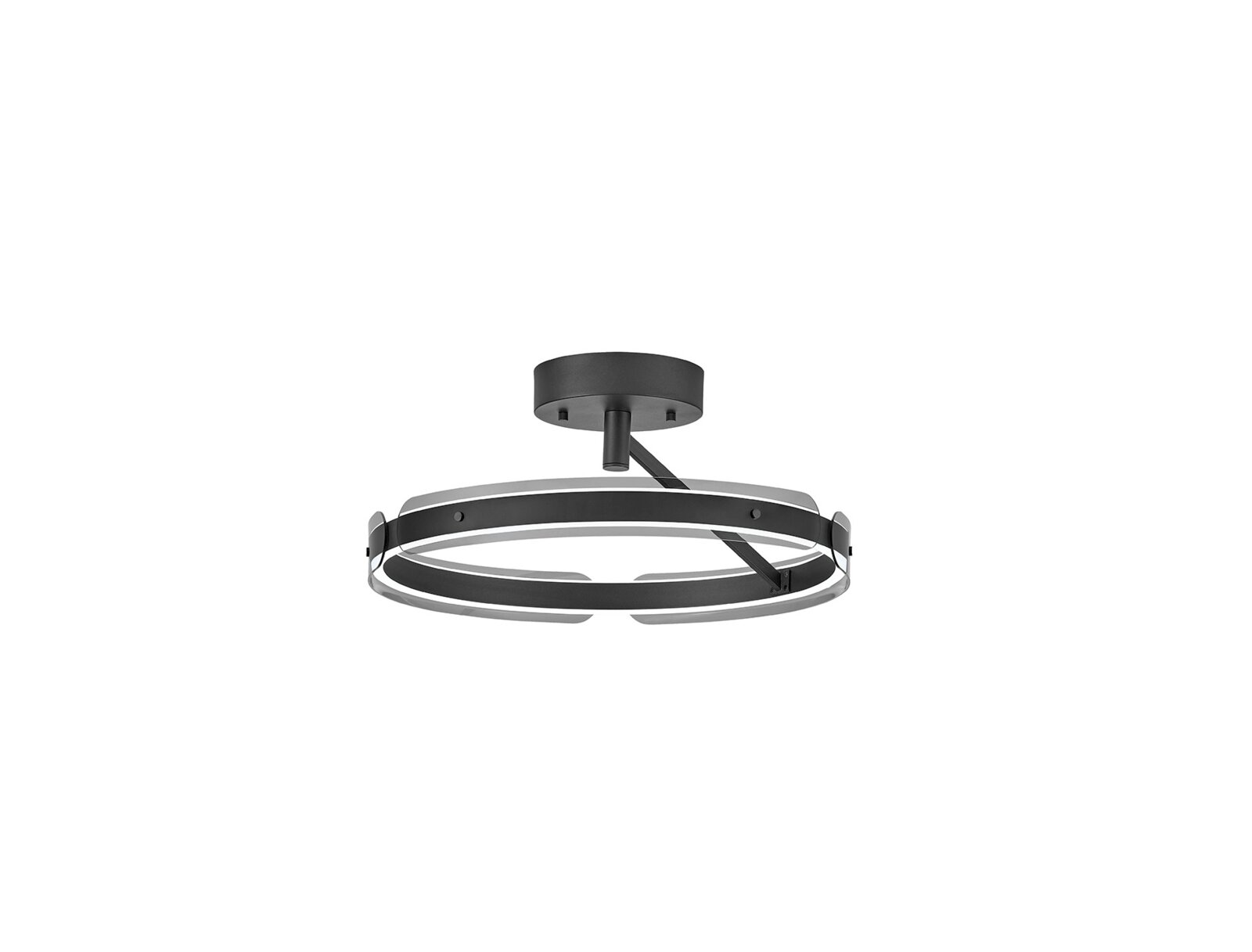 Moderne runde LED-Deckenleuchte in Schwarz mit ringförmigem Lichtband und Metallhalterung, freigestellt auf weißem Hintergrund, Ansicht leicht von unten/seitlich.