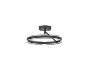 Moderne runde LED-Deckenleuchte in Schwarz mit ringförmigem Lichtband und Metallhalterung, freigestellt auf weißem Hintergrund, Ansicht leicht von unten/seitlich.
