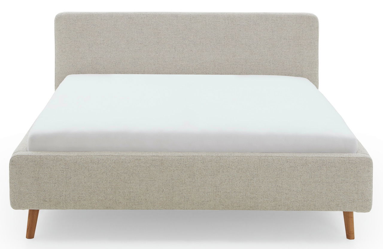 Frontale Ansicht eines Polsterbettgestells mit hellgrauem Stoffbezug und Holzfüßen.