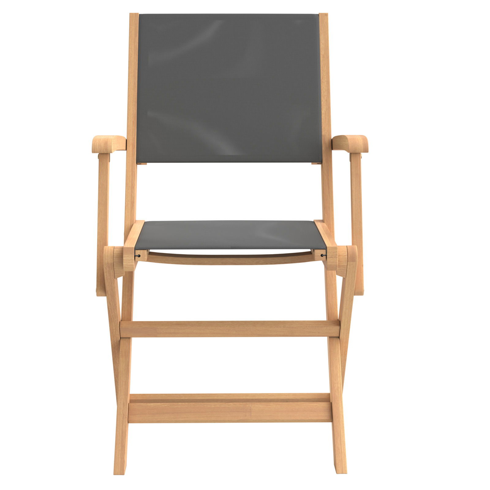 Moderner Gartenstuhl aus Holz mit grauer Bespannung, Frontalansicht