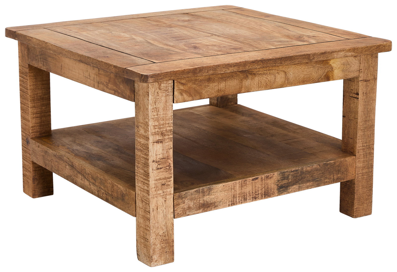 Rustikaler Couchtisch aus Holz mit quadratischer Tischplatte und zusätzlicher Ablagefläche, seitliche Perspektive