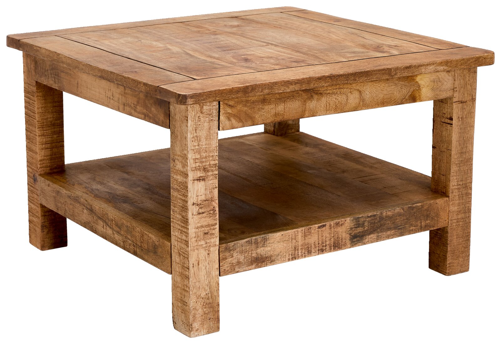 Rustikaler Couchtisch aus Holz mit quadratischer Tischplatte und zusätzlicher Ablagefläche, seitliche Perspektive