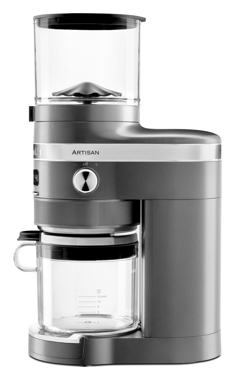 Silberne Kaffeemühle in seitlicher Ansicht mit Glaskanne und einstellbarem Mahlgrad.