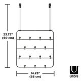 Vorderansicht einer schwarzen Türgarderobe mit mehreren Haken, Maße 60 cm hoch und 36 cm breit, von Umbra.