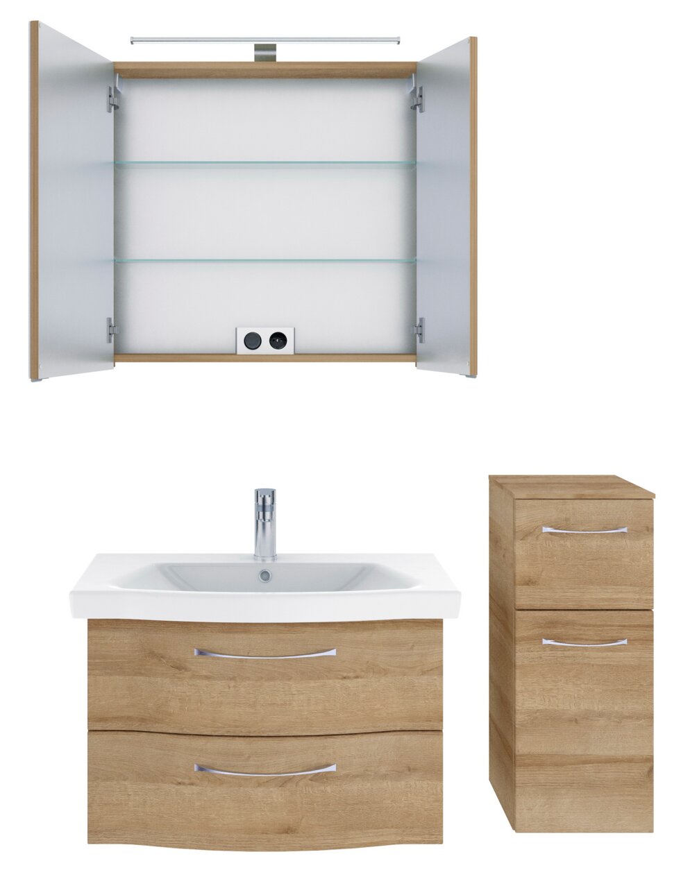 Badezimmermöbel-Set mit Spiegelschrank, Waschbeckenunterschrank und Hochschrank in Holzoptik, Frontalansicht