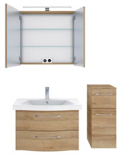 Badezimmermöbel-Set mit Spiegelschrank, Waschbeckenunterschrank und Hochschrank in Holzoptik, Frontalansicht