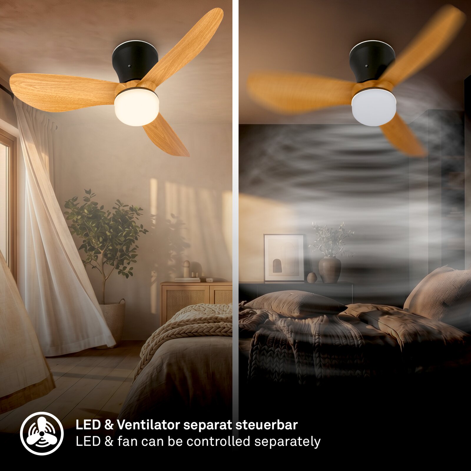 Plafondventilator met drie houtkleurige bladen en geïntegreerde LED-lamp, van onderaf in een slaapkamer afgebeeld; verlichting en ventilator zijn afzonderlijk bedienbaar.