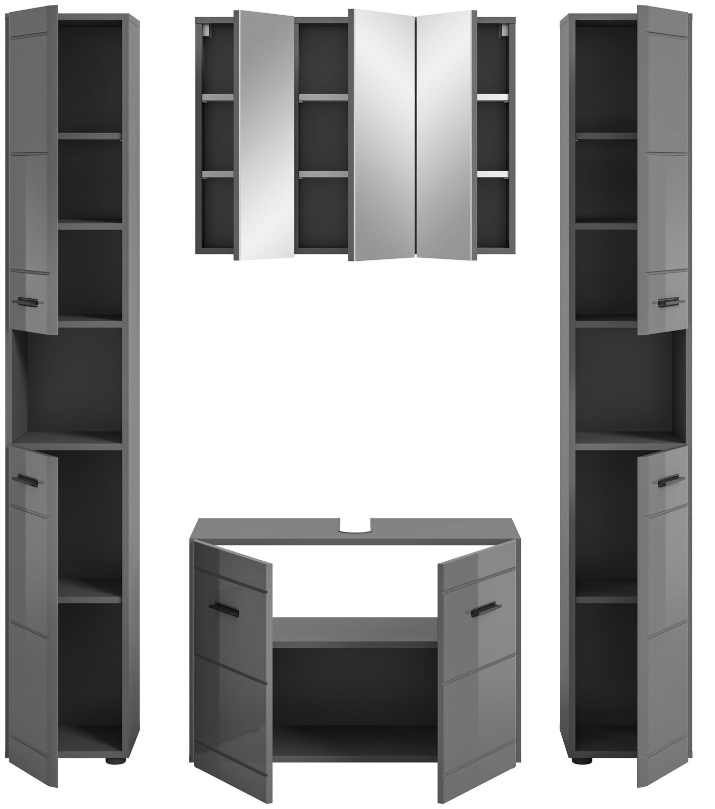 Moderne Badkombination in grauem Hochglanz mit zwei hohen Schränken, einem Spiegelschrank und einem Waschbeckenunterschrank, Frontalansicht.