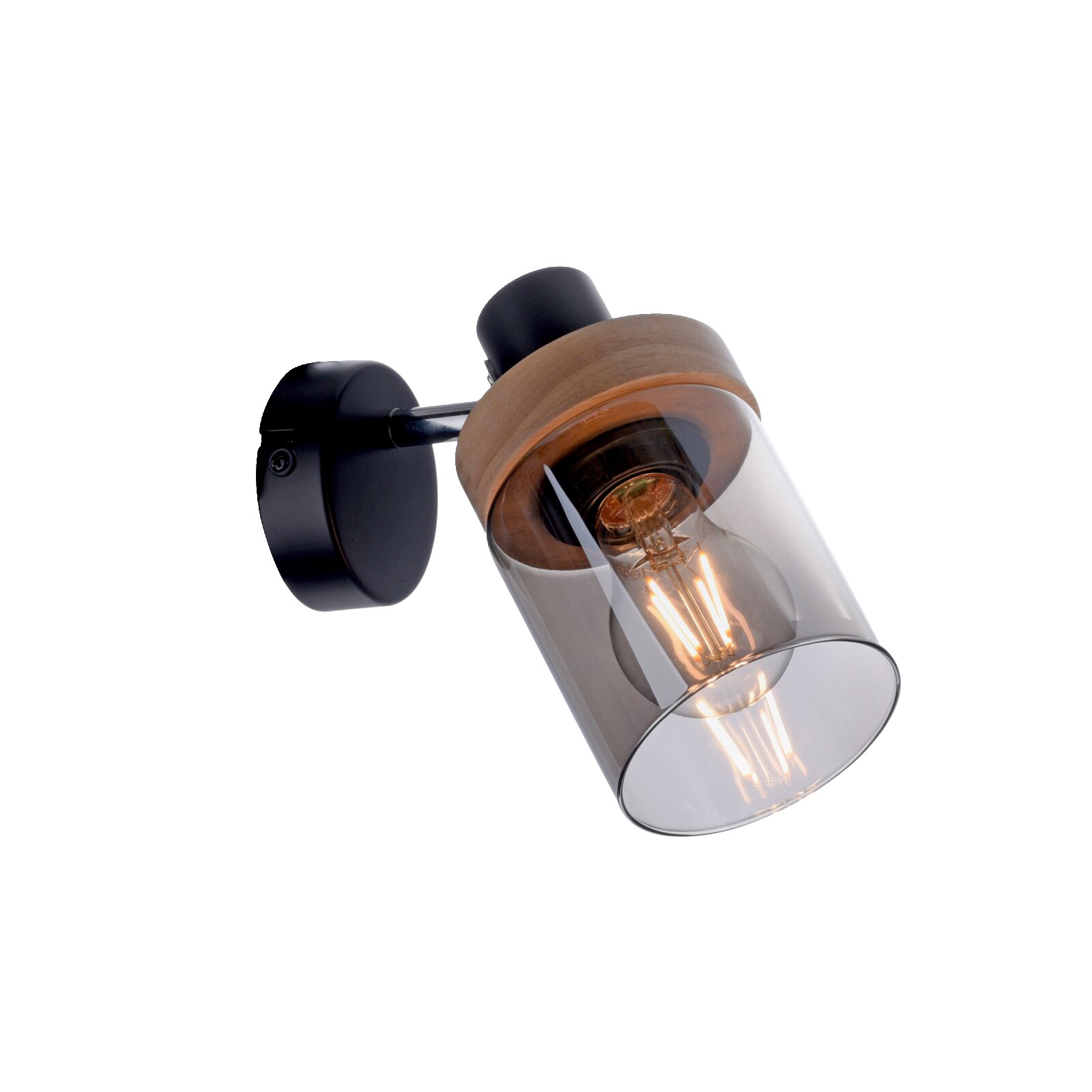 Moderne Wandlampe in Schwarz mit Holzring und transparentem Glasschirm, leuchtendes Filament-Leuchtmittel sichtbar, schräg von vorne/unten fotografiert