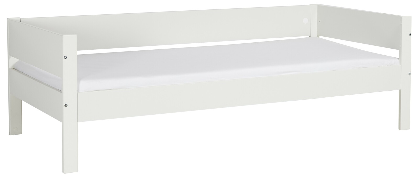 Weißes Einzelbett mit schlichter Holzrahmenkonstruktion, seitliche Perspektive
