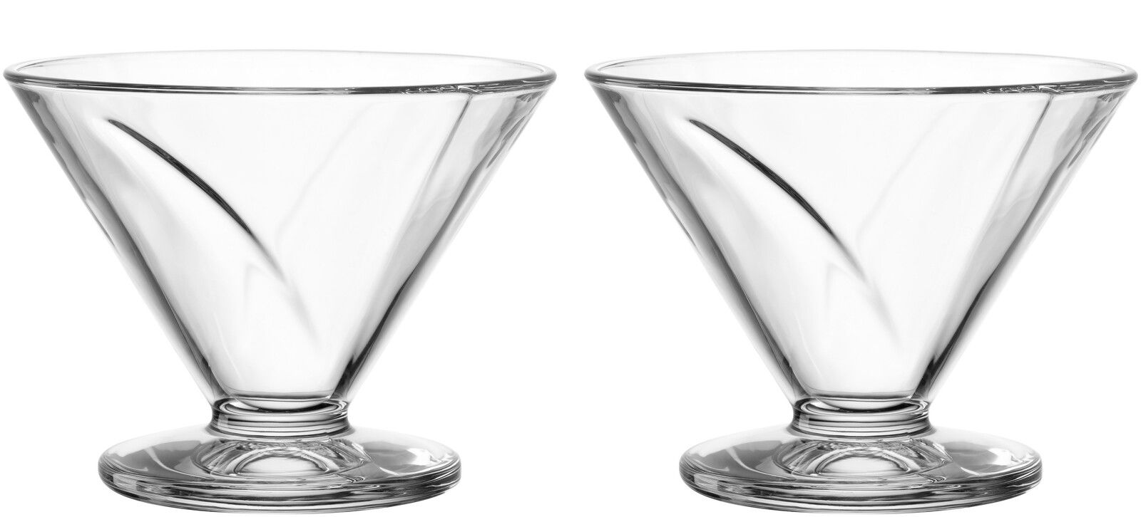 Zwei transparente Glasschalen auf Fuß, konische Form, seitliche Perspektive