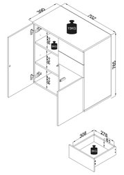 Isometrische Ansicht eines zweitürigen Schranks/Sideboards mit Innenböden und Schublade, Maßskizze mit Abmessungen (ca. 702×390×765 mm) sowie Belastungsangaben (Deckplatte 15 kg, Einlegeboden 5 kg, Schublade 3 kg).