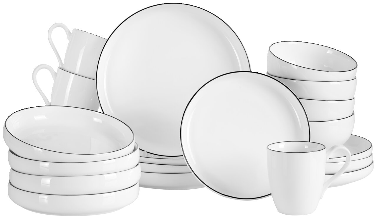 Wit servies 20-delig met zwarte rand, bestaande uit borden, schalen en kopjes, hier vooraanzicht.