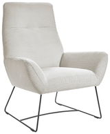 Moderner Sessel mit hellgrauem, geripptem Stoffbezug und schlanken Metallbeinen, seitliche Perspektive.