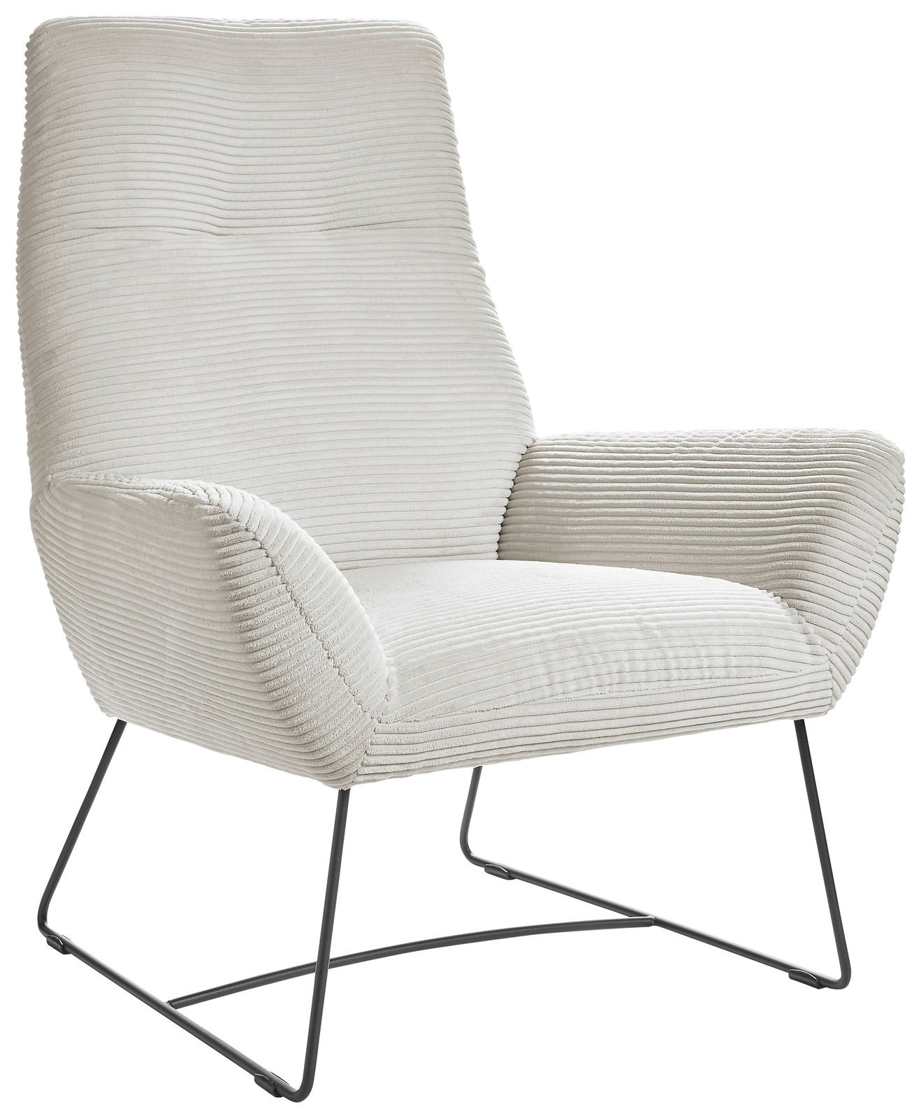 Lounge Handmade Sessel LH-BEN Moderner Sessel mit hellgrauem, geripptem Stoffbezug und schlanken Metallbeinen, seitliche Perspektive.