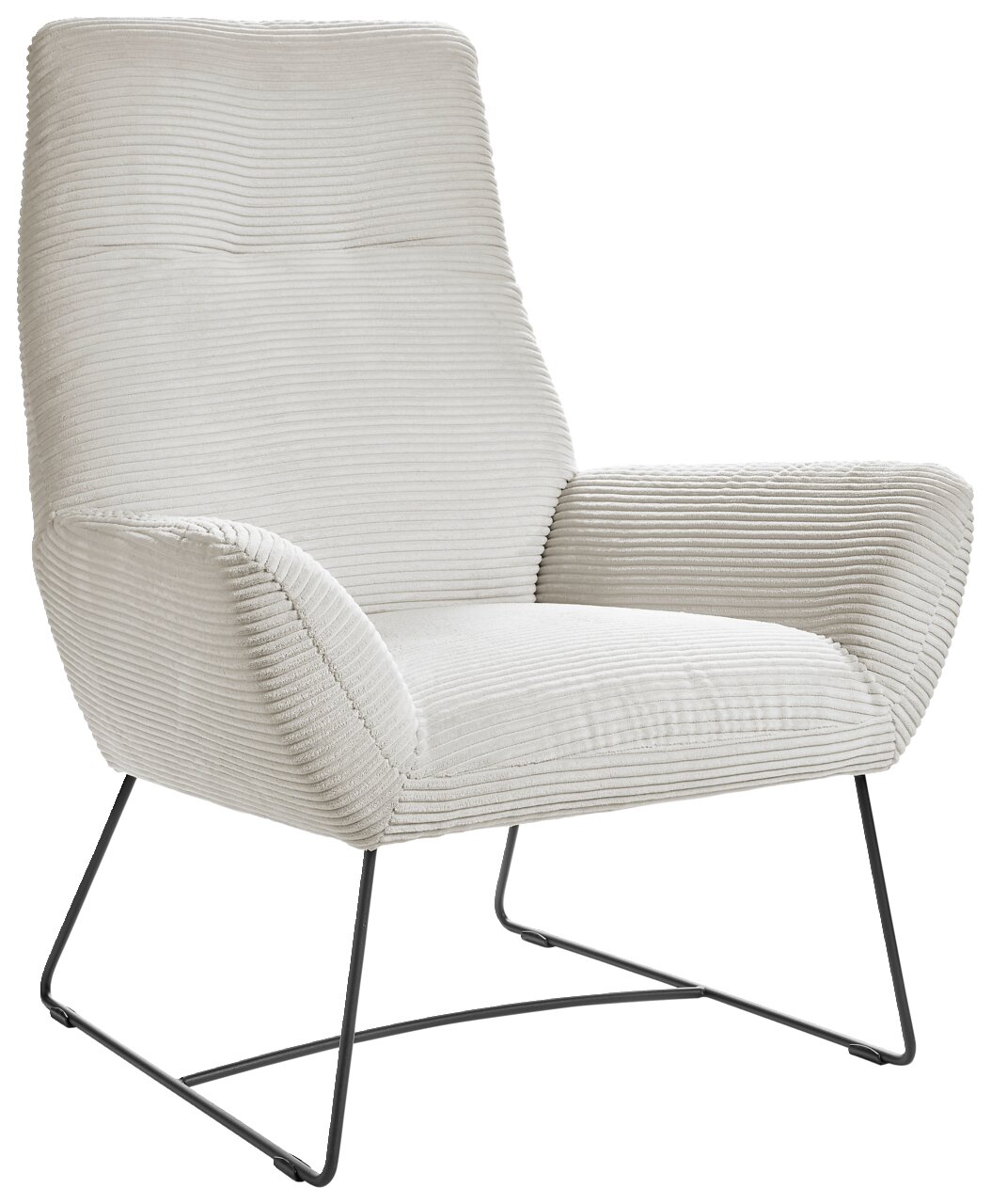 Lounge Handmade Sessel LH-BEN Moderner Sessel mit hellgrauem, geripptem Stoffbezug und schlanken Metallbeinen, seitliche Perspektive.