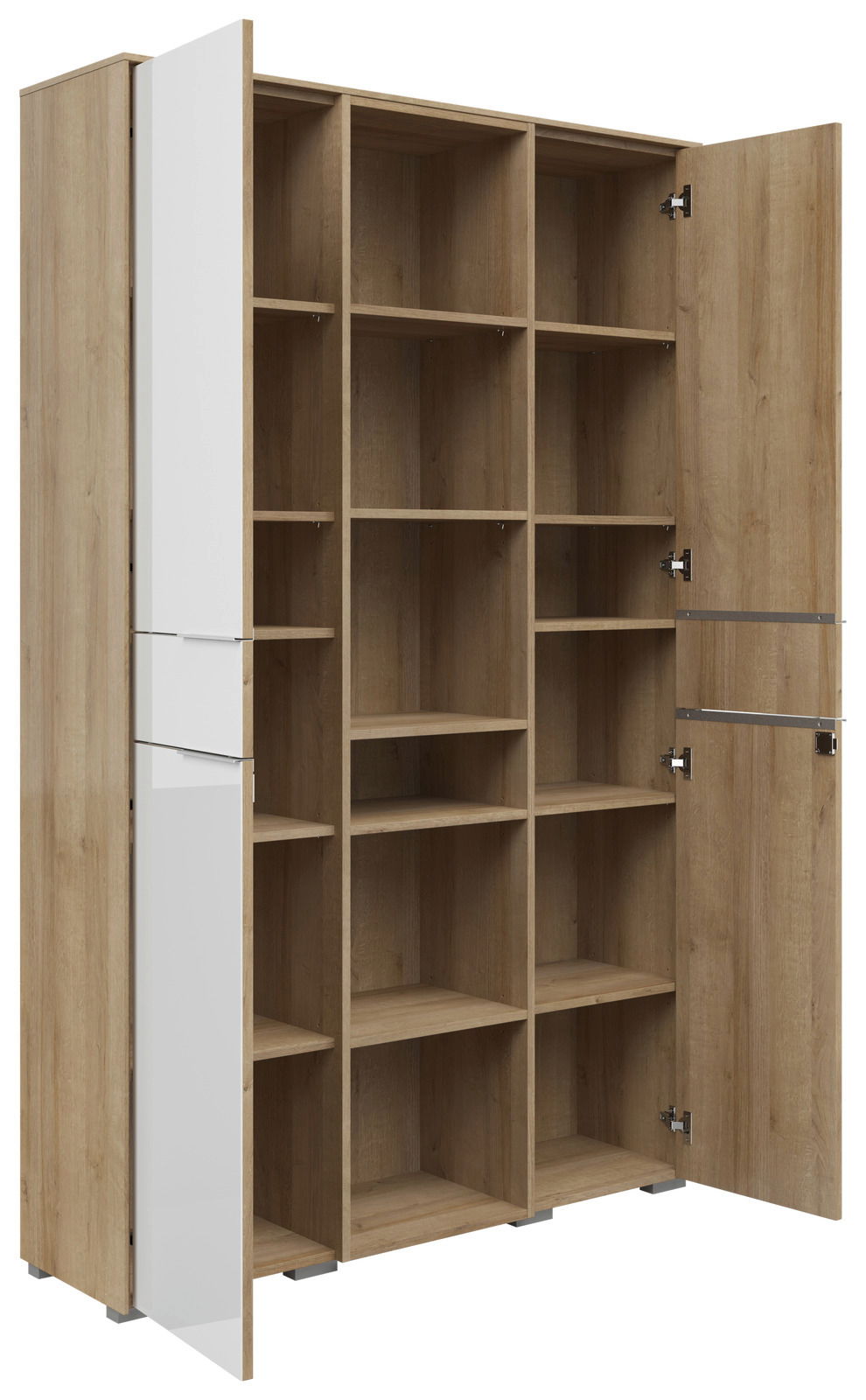 Aktenschrank Kombination mit zwei geöffneten Türen, zeigt mehrere Regalfächer in Holzoptik. Perspektive von vorne links.