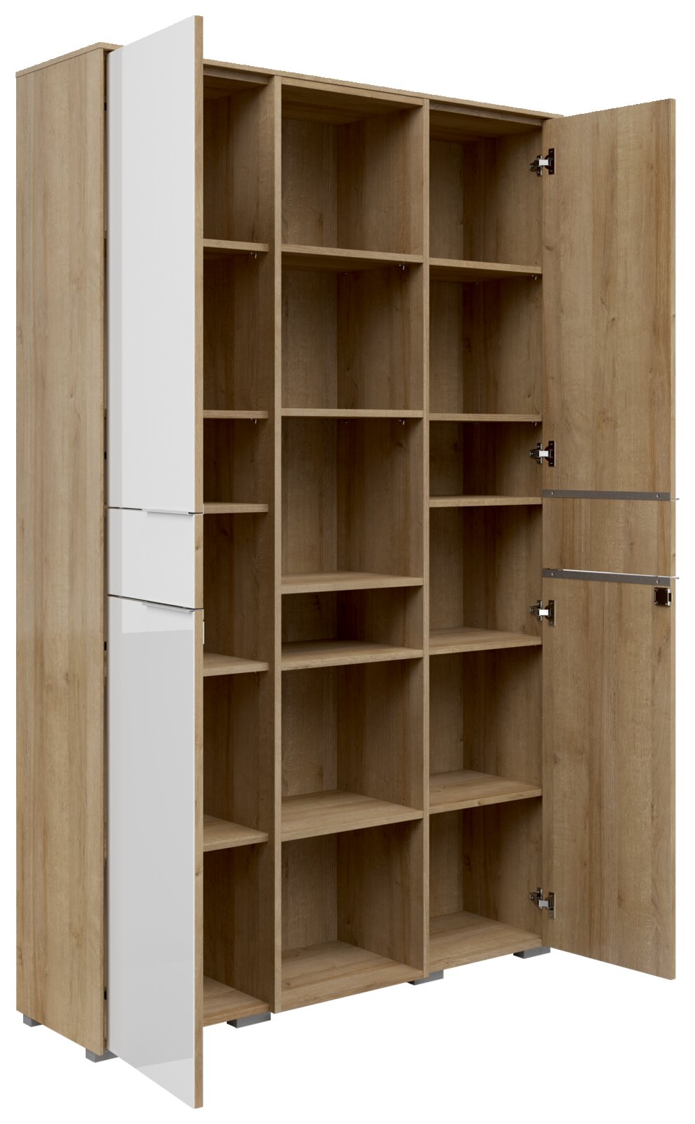 Archiefkastcombinatie met twee open deuren, met meerdere legplanken in houtlook. Aanzicht van linksvoor.
