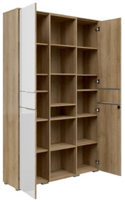Aktenschrank Kombination mit zwei geöffneten Türen, zeigt mehrere Regalfächer in Holzoptik. Perspektive von vorne links.