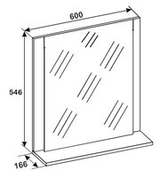 Technische Skizze eines rechteckigen Spiegels mit Rahmen auf Standfuß, schräg von vorne/rechts dargestellt, mit Maßangaben 600 mm Breite, 546 mm Höhe und 166 mm Tiefe.