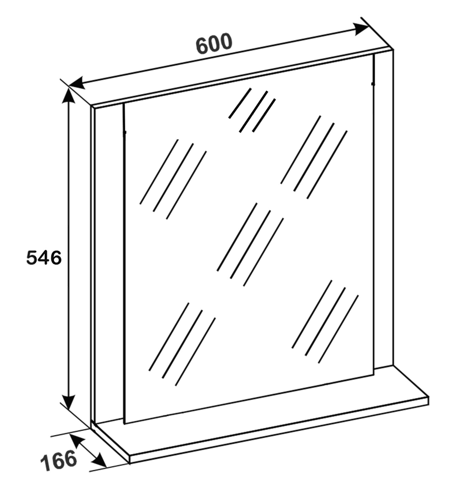 Technische Skizze eines rechteckigen Spiegels mit Rahmen auf Standfuß, schräg von vorne/rechts dargestellt, mit Maßangaben 600 mm Breite, 546 mm Höhe und 166 mm Tiefe.