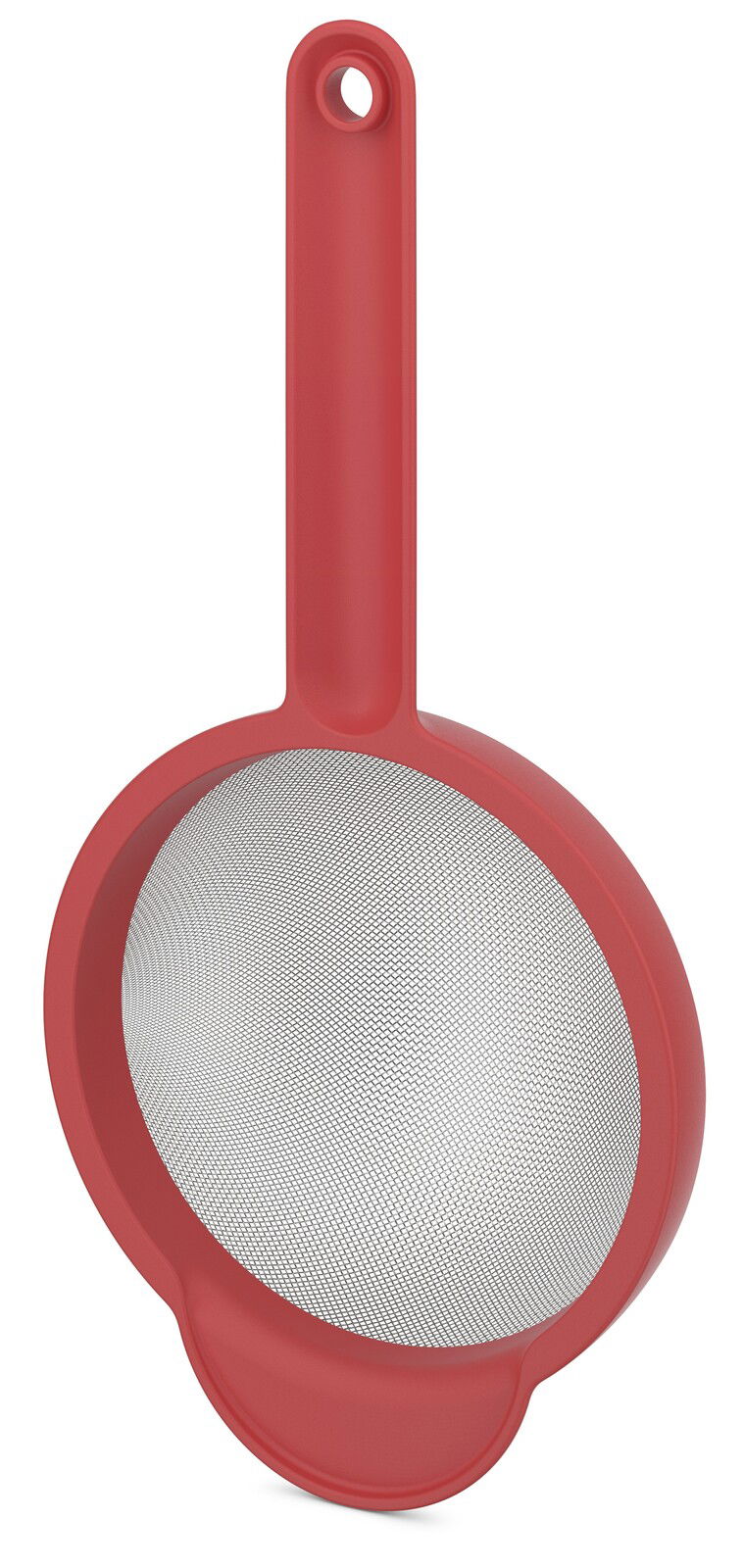 Rotes Küchensieb mit langem Griff, Draufsicht