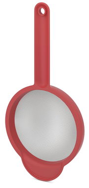 Rotes Küchensieb mit langem Griff, Draufsicht