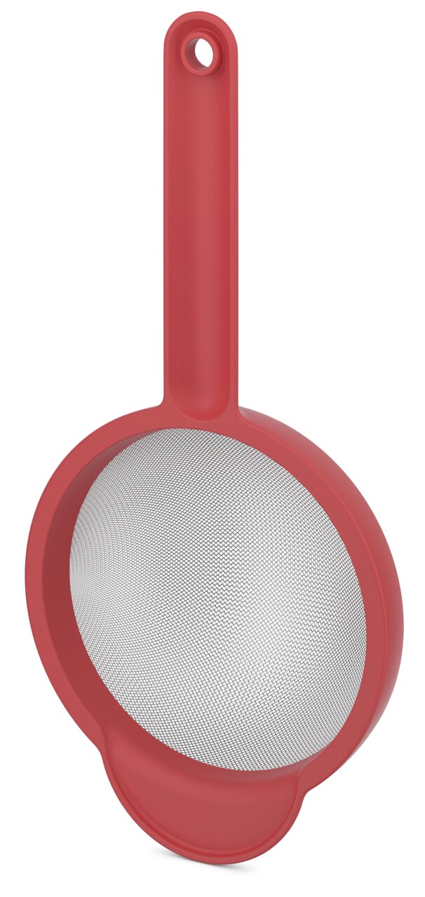 Rotes Küchensieb mit langem Griff, Draufsicht