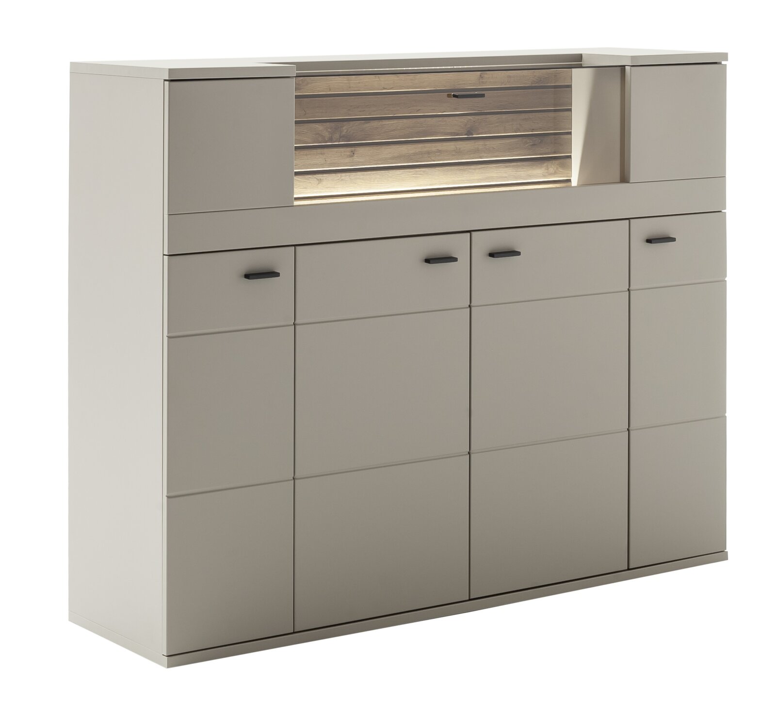 Zurbrüggen Highboard LÜTTICH Modernes Sideboard/Highboard in Grau mit Holzoptik-Element und schwarzen Griffen, frontal aus leicht schräger Perspektive fotografiert