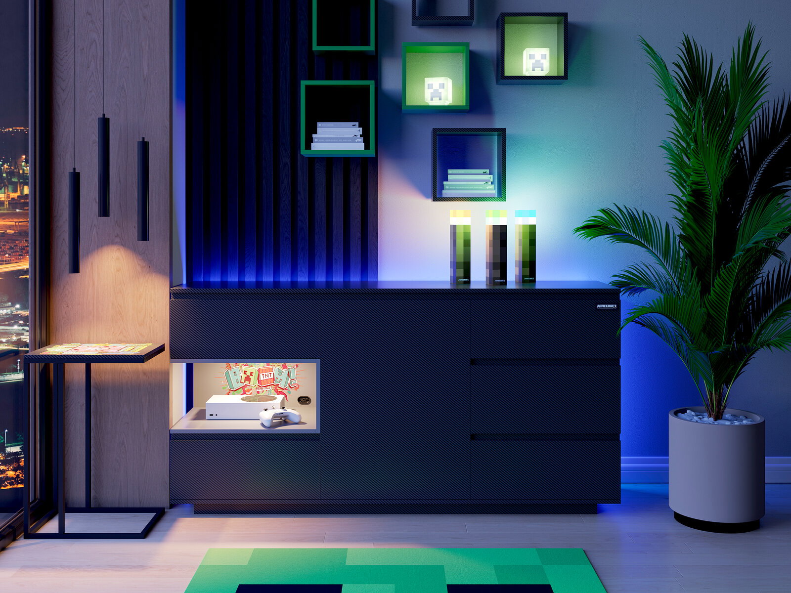 Moderne schwarze Sideboard-Kommode mit Carbon-Optik und Schubladen, links offenes Fach mit Spielekonsole und Controller, dekorative Wandregale und Zimmerpflanze im Hintergrund, Frontansicht in leicht schräger Perspektive von links.
