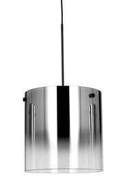 Moderne LED-Hängeleuchte mit zylindrischem, silbernem Schirm, von vorne betrachtet.