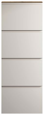 Moderner Hängeschuhschrank mit vier Schubladen in Frontansicht, schlichtes Design in Weiß mit Holzoberfläche.