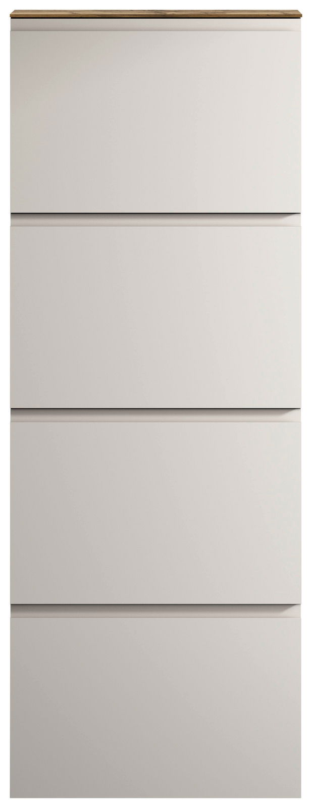 Moderner Hängeschuhschrank mit vier Schubladen in Frontansicht, schlichtes Design in Weiß mit Holzoberfläche.