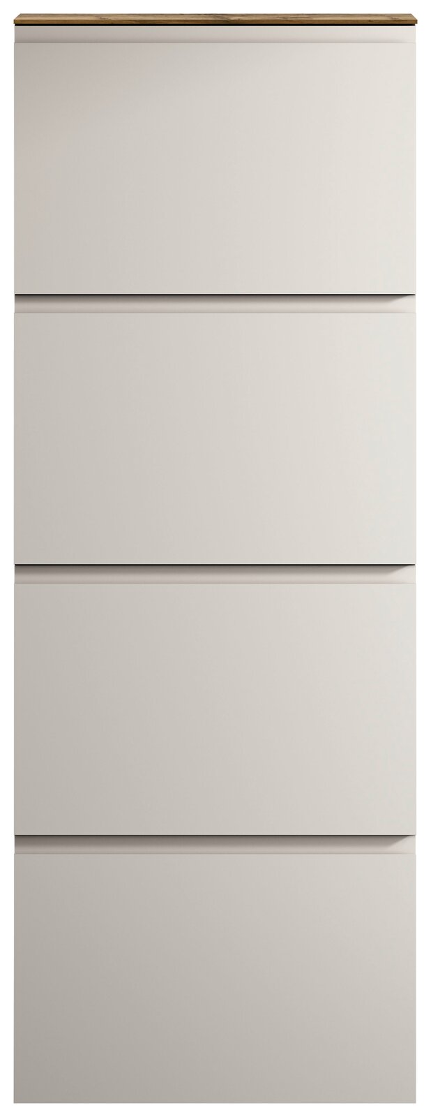 Moderner Hängeschuhschrank mit vier Schubladen in Frontansicht, schlichtes Design in Weiß mit Holzoberfläche.