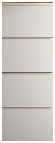 Moderner Hängeschuhschrank mit vier Schubladen in Frontansicht, schlichtes Design in Weiß mit Holzoberfläche.