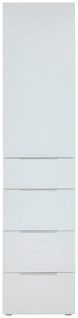 Frontansicht eines schmalen, weißen Mehrzweckschranks mit einer Tür und drei Schubladen.