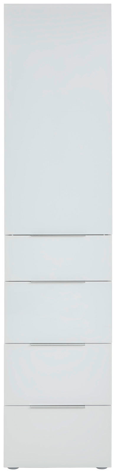 Frontansicht eines schmalen, weißen Mehrzweckschranks mit einer Tür und drei Schubladen.