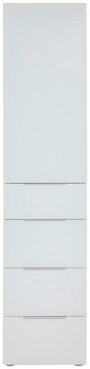 Frontansicht eines schmalen, weißen Mehrzweckschranks mit einer Tür und drei Schubladen.