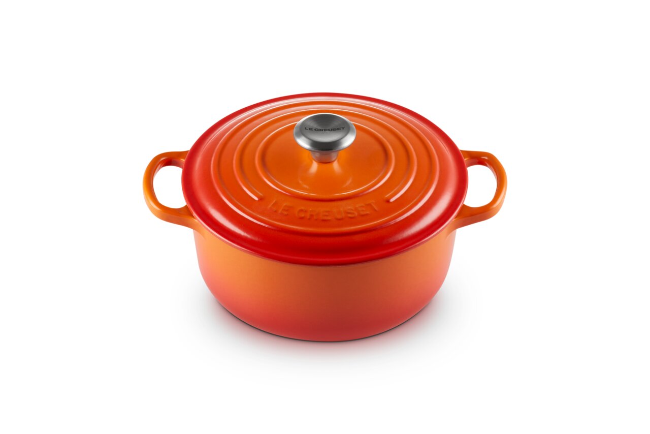 LE CREUSET Bräter Rund Ofenrot SIGNATURE Runder Bräter in Ofenrot von oben mit zwei Griffen und Deckel