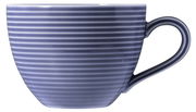 Seitliche Ansicht einer blauen Kaffeetasse mit horizontalen Streifen und Henkel.