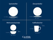Infografik in Frontansicht mit Draufsicht und Seitenansicht: Speiseteller Ø 26,5 cm (H 1,5 cm), Dessertteller Ø 19 cm (H 2 cm), Mehrzweckschale Ø 13,5 cm (H 6,5 cm, 400 ml) und Kaffeebecher Ø 8,5 cm (H 10 cm, 300 ml)