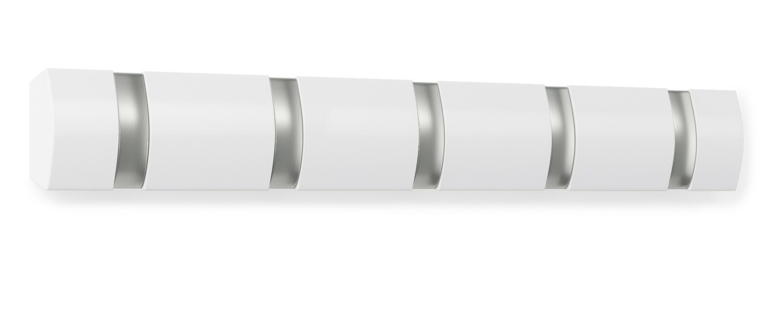 Moderne weiße Wandgarderobe mit fünf Haken, seitliche Perspektive